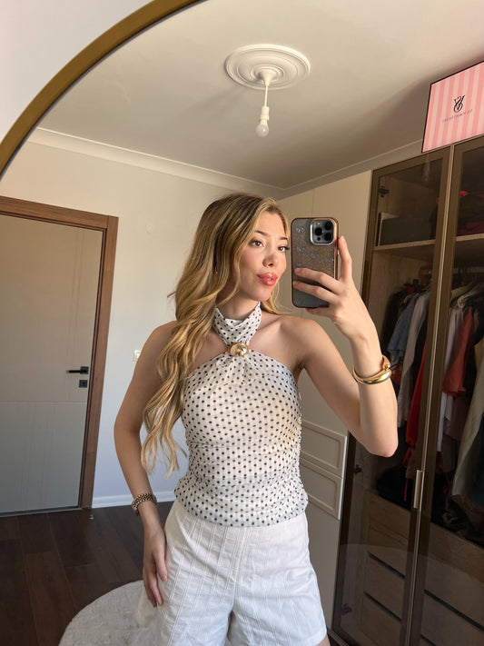 Puantiyeli Halter Yaka Bağlama Detaylı Bluz